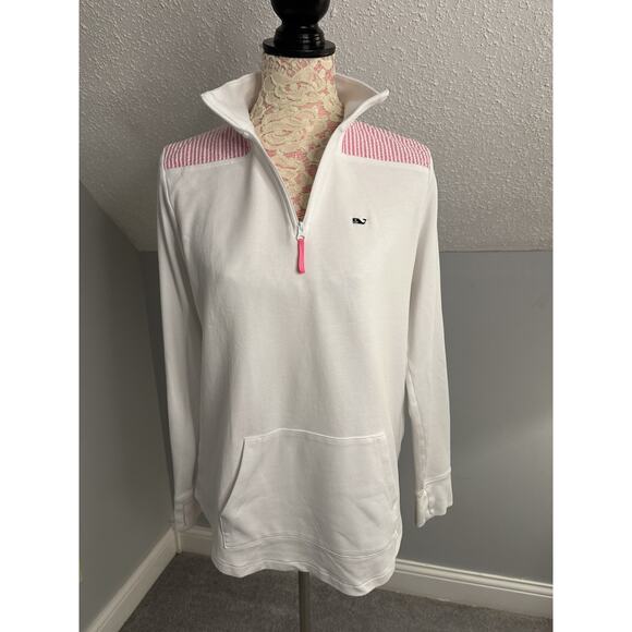 EUC Womens Vineyard Vines White Pink Seersucker Shep 1/4 Zip Shoulder Medium - Picture 1 of 8